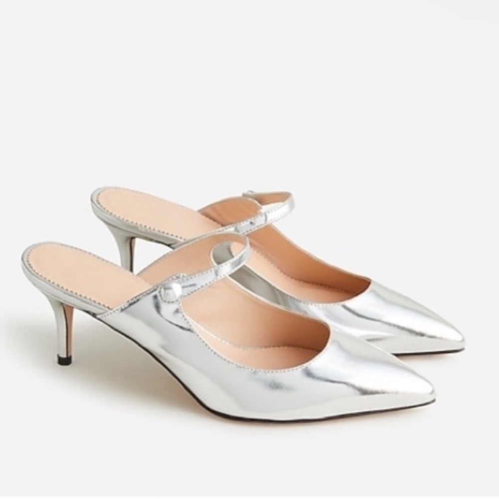 NWOT J. Crew Silver Colette mule heels in Italian specchio leather